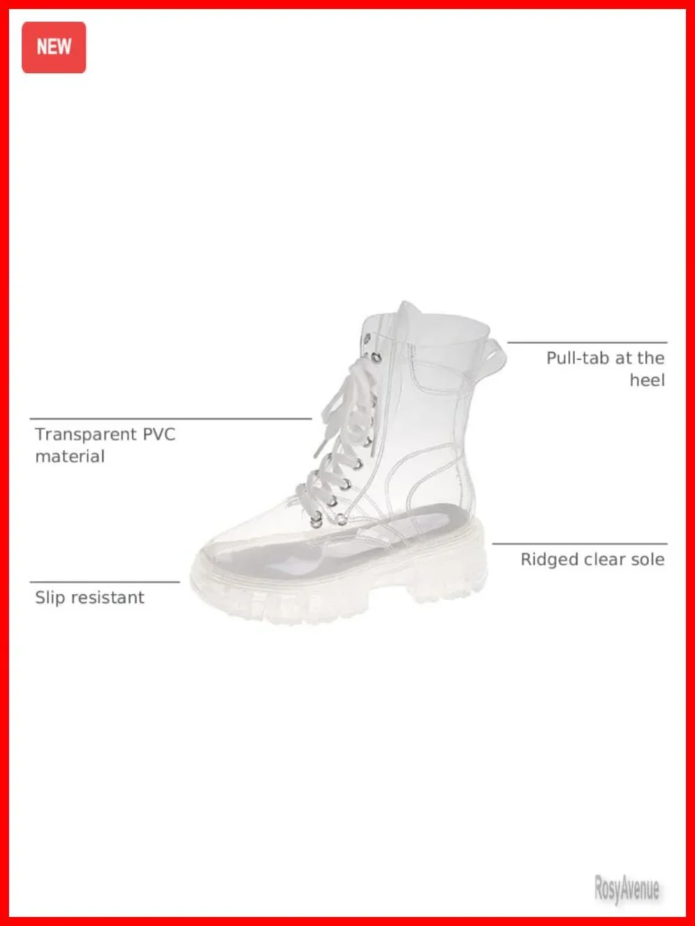 Transparent Lace Up Platform Combat Ankle Boots Waterproof Clear PVC